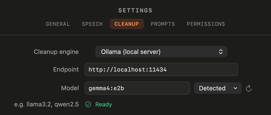 Cleanup settings: local Ollama server, detected models