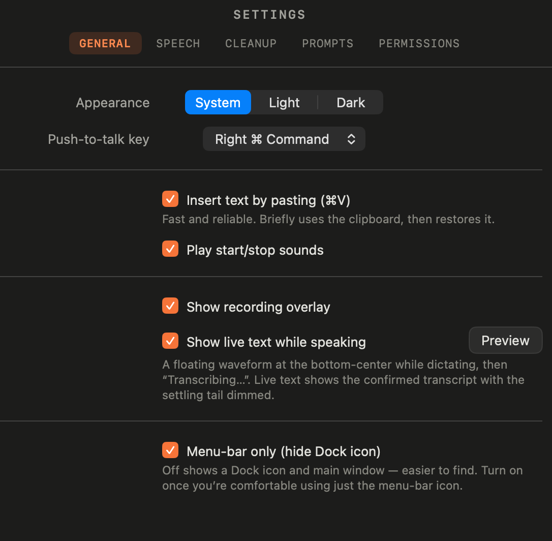 General settings: appearance, push-to-talk key, overlay options