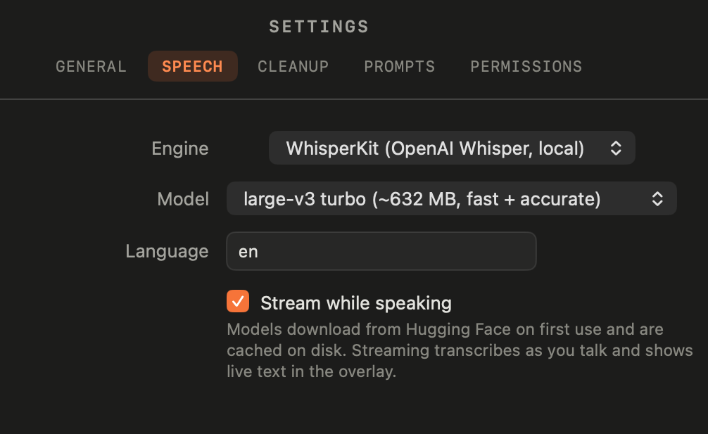 Speech settings: WhisperKit large-v3 turbo, streaming